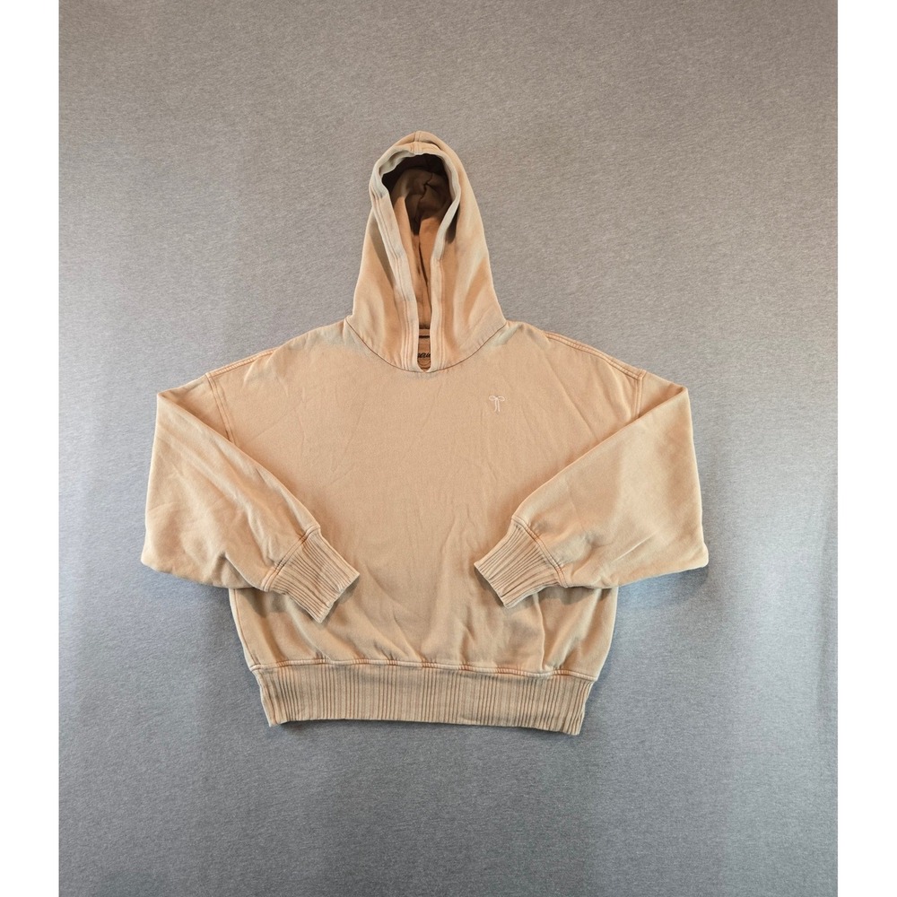 Aerie Bow Hoodie Women Large Tan Cropped Oversized Fleece Pullover Sweatshirt